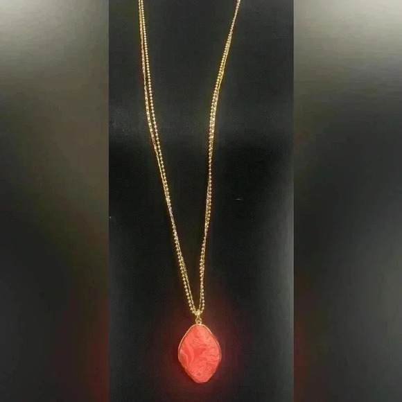 Style & Co Orangish Oval Stone Double Chain Pendant Necklace, 38" + 3" extender - Picture 2 of 5